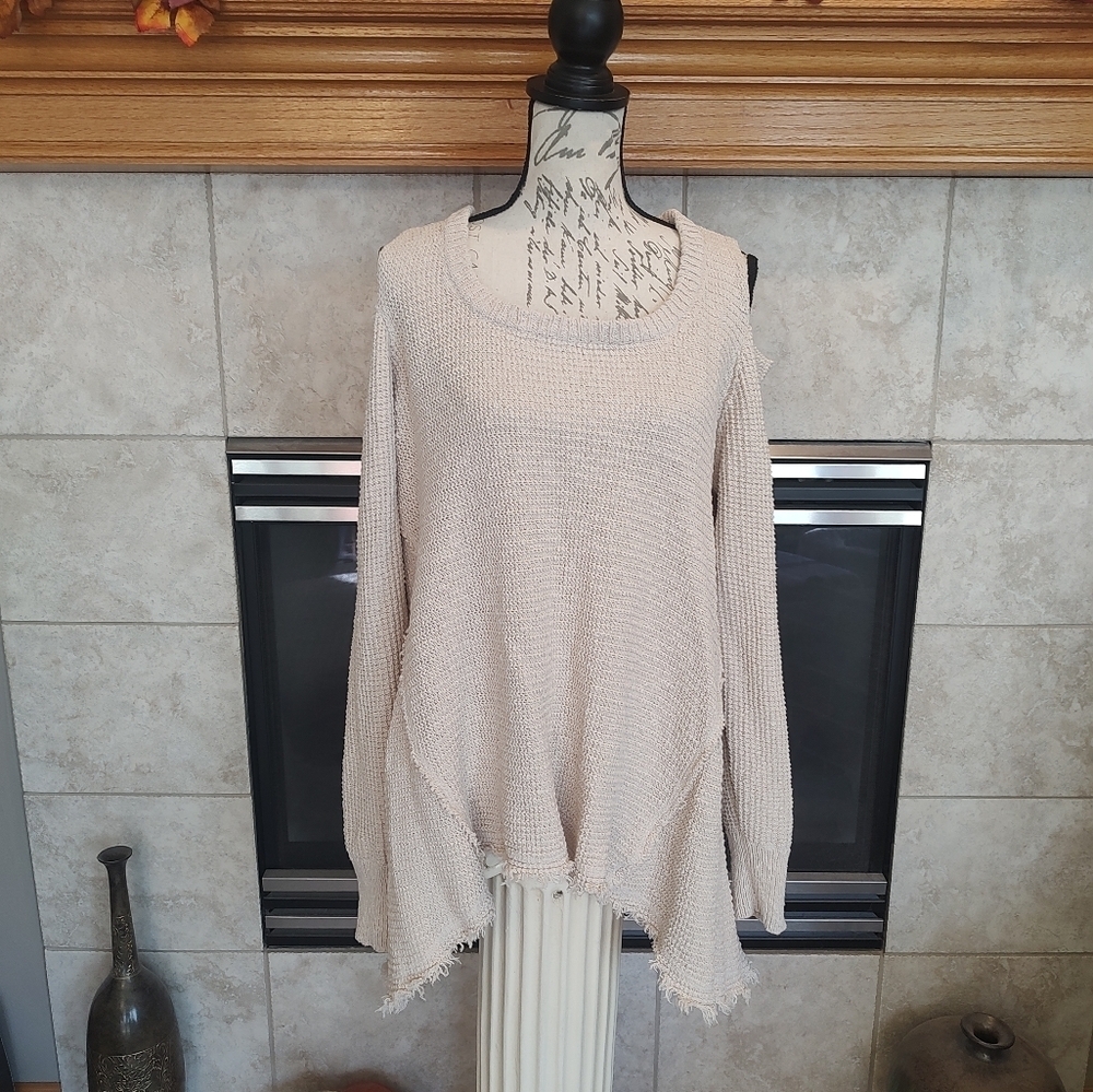 Kaisely XL Cold Shoulder Cream Sweater! Baggy patchwork distressed - Picture 2 of 15